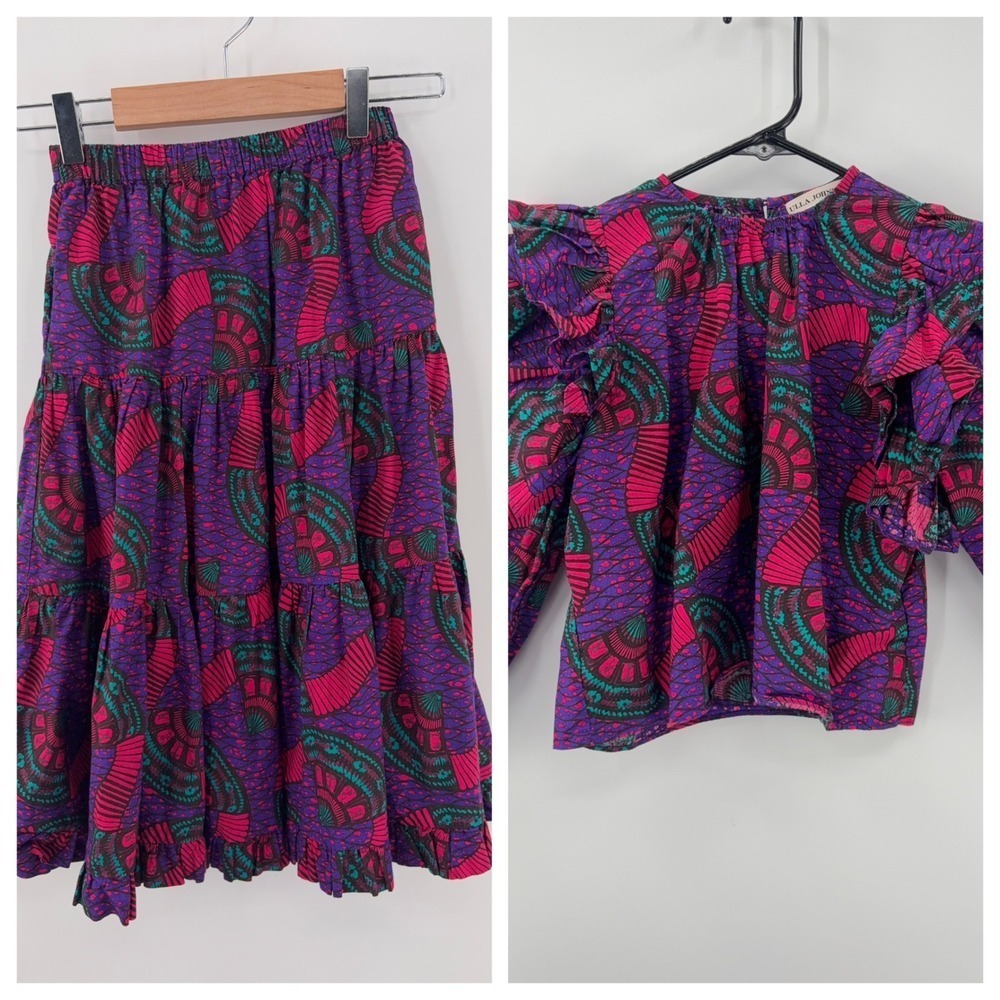 Ulla‎ Johnson Clara Blouse & Stella Skirt Set Kids 6 Purple Tier Cotton Abstract